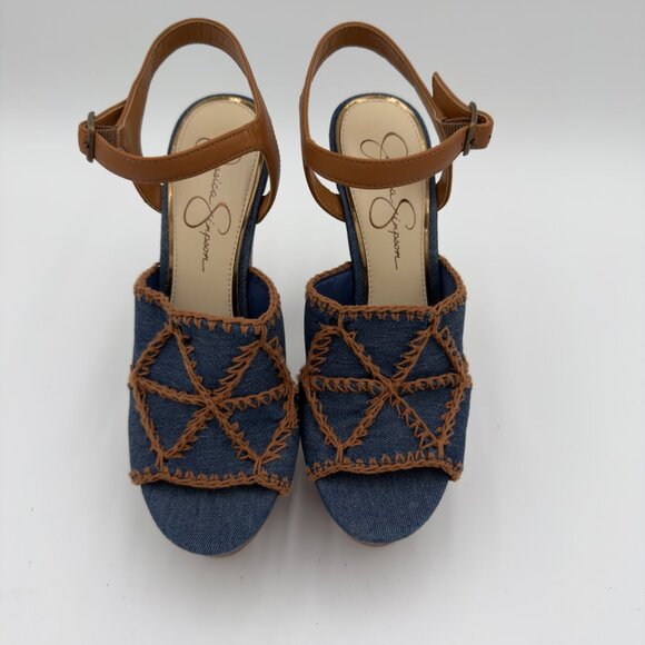 Jessica Simpson Dezzie Mega Wood Platform Sandals Blue Denim JS-DEZZIE Size 9M - Picture 1 of 11